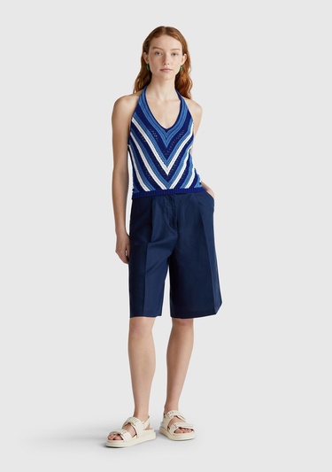  Kadın Mavi Koton Karışımlı Halter Yaka Boyundan Bağlamalı Triko Atlet