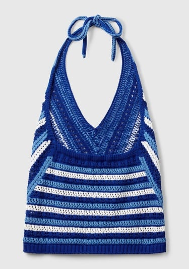  Kadın Mavi Koton Karışımlı Halter Yaka Boyundan Bağlamalı Triko Atlet