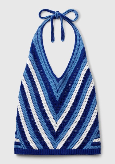  Kadın Mavi Koton Karışımlı Halter Yaka Boyundan Bağlamalı Triko Atlet