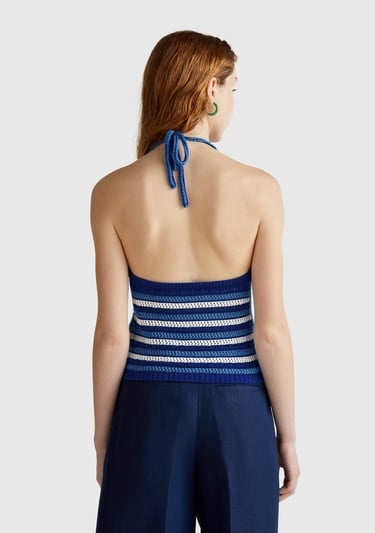  Kadın Mavi Koton Karışımlı Halter Yaka Boyundan Bağlamalı Triko Atlet