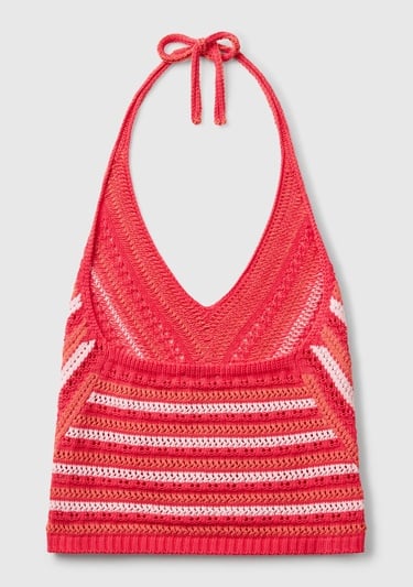  Kadın Turuncu Koton Karışımlı Halter Yaka Boyundan Bağlamalı Triko Atlet