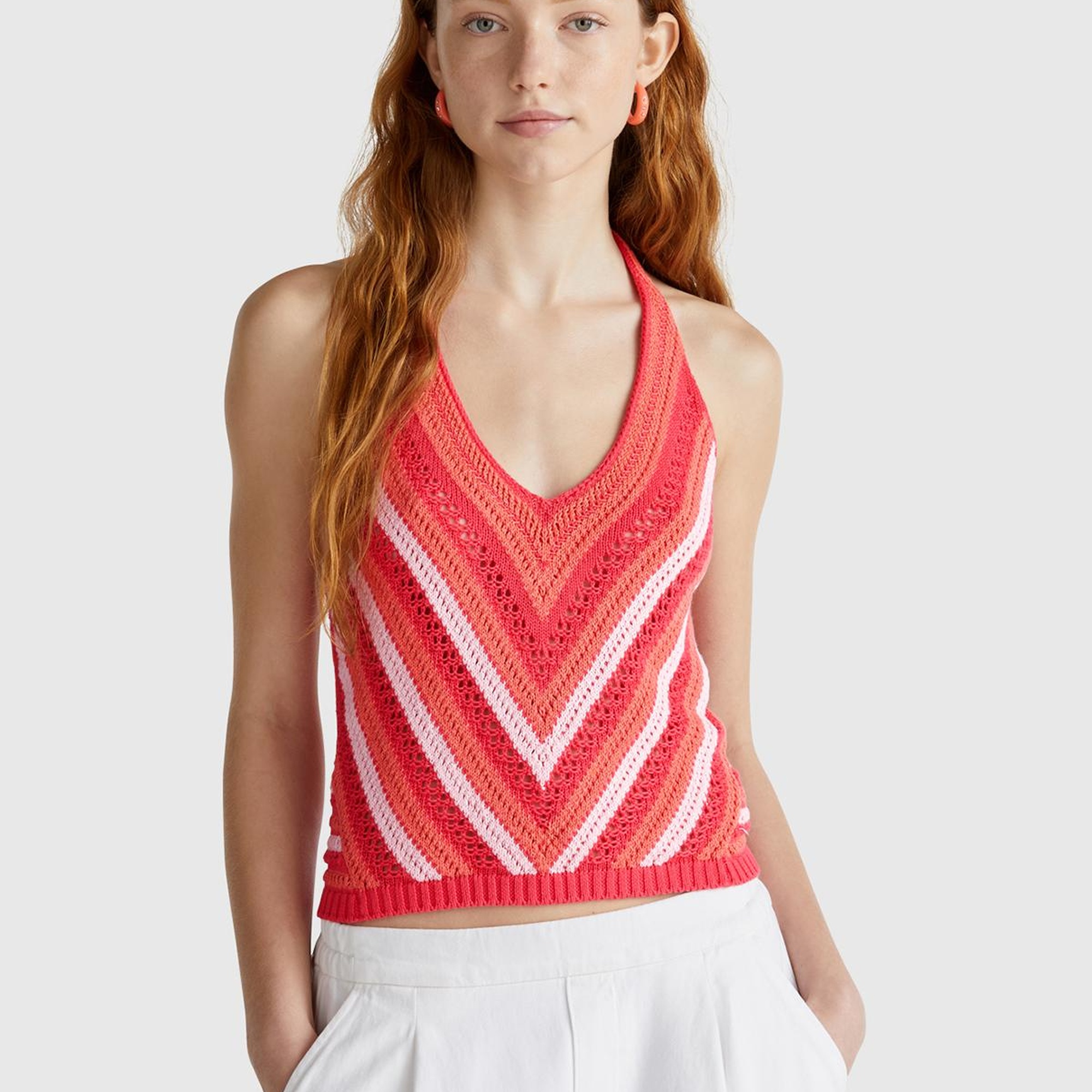 Kadın Turuncu Koton Karışımlı Halter Yaka Boyundan Bağlamalı Triko Atlet