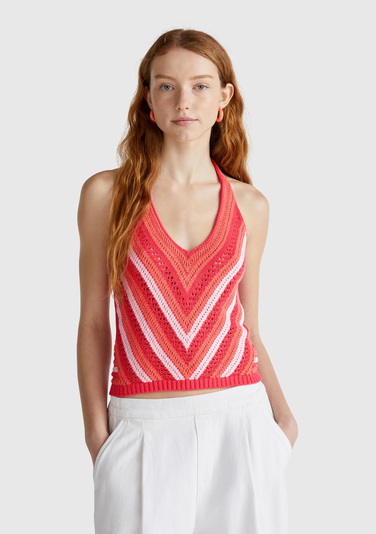  Kadın Turuncu Koton Karışımlı Halter Yaka Boyundan Bağlamalı Triko Atlet