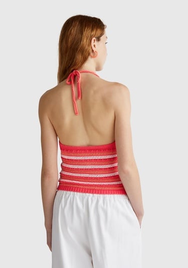  Kadın Turuncu Koton Karışımlı Halter Yaka Boyundan Bağlamalı Triko Atlet