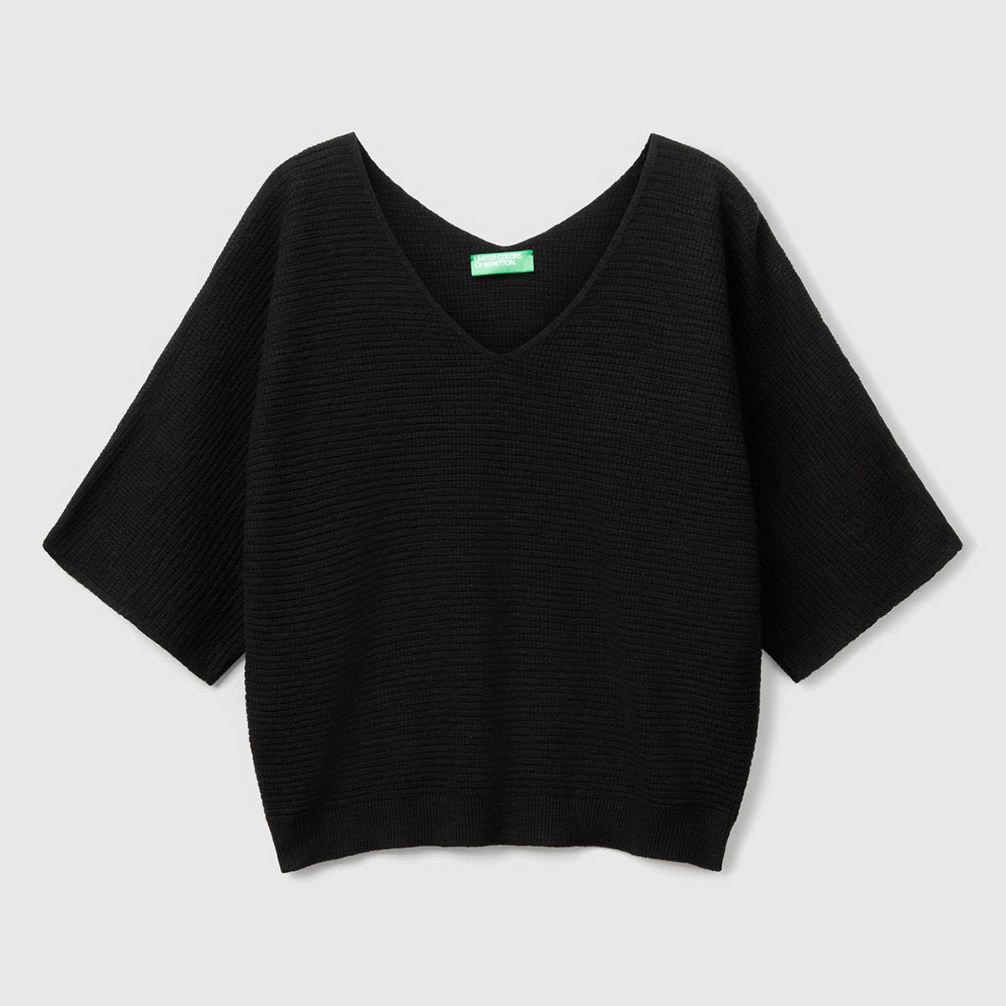 Kadın Siyah Pamuk ve Keten Karışımlı Çizgili Dikişsiz V Yaka Kısa Kollu Üst