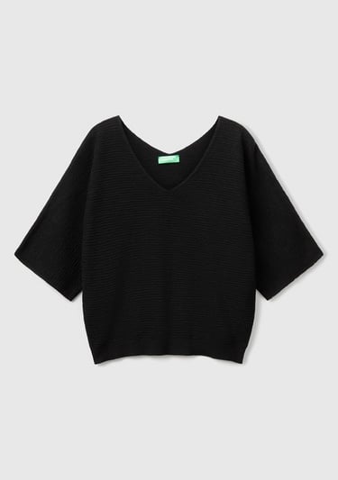  Kadın Siyah Pamuk ve Keten Karışımlı Çizgili Dikişsiz V Yaka Kısa Kollu Üst