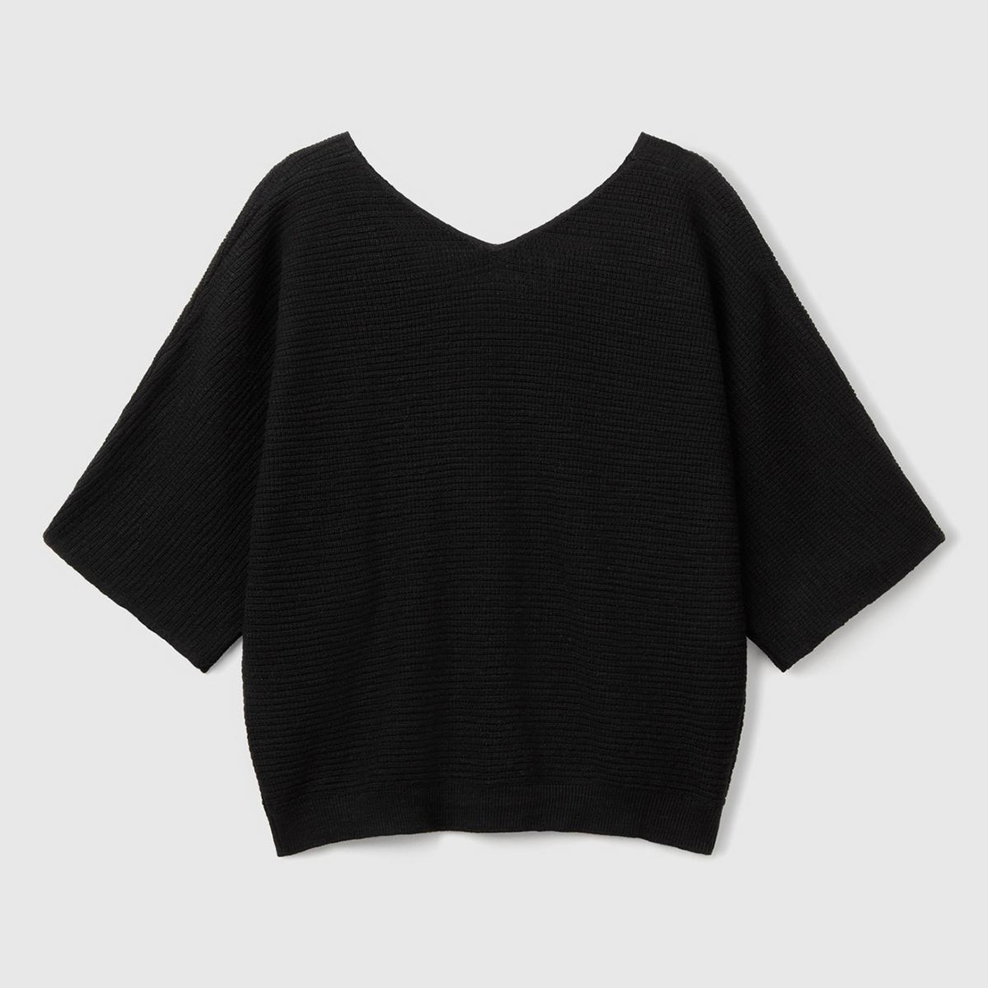 Kadın Siyah Pamuk ve Keten Karışımlı Çizgili Dikişsiz V Yaka Kısa Kollu Üst