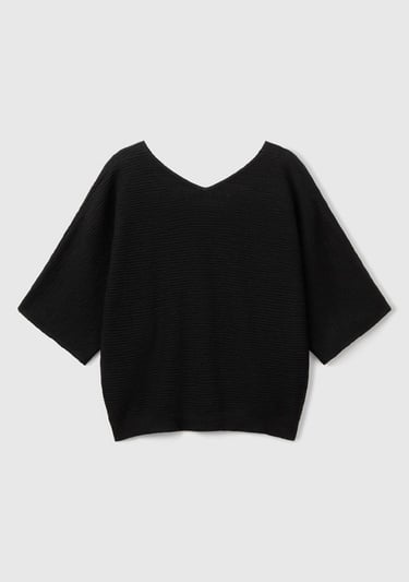  Kadın Siyah Pamuk ve Keten Karışımlı Çizgili Dikişsiz V Yaka Kısa Kollu Üst