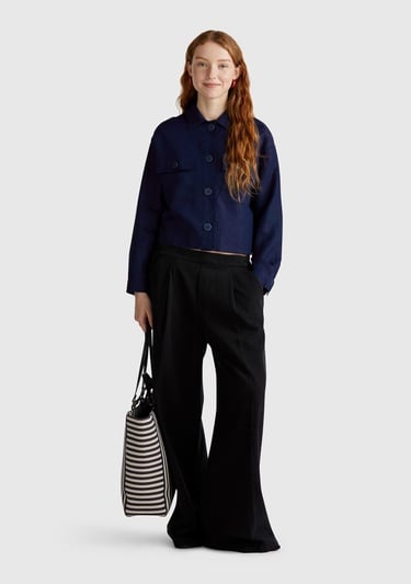  Kadın Lacivert Keten Karışımlı Ceket