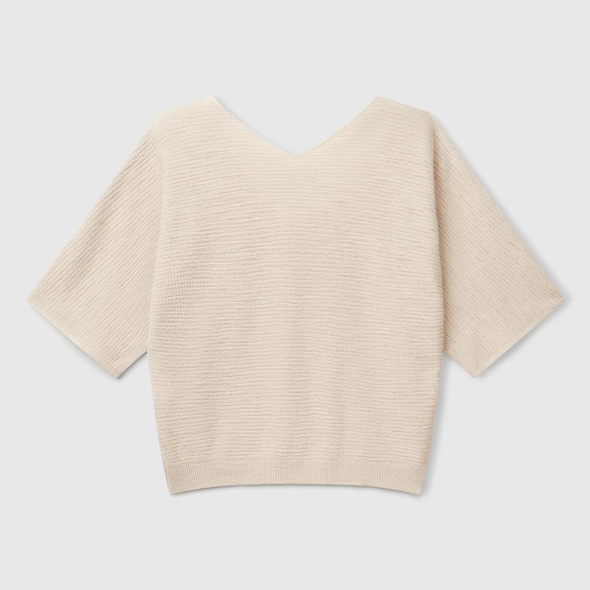 Kadın Taş Rengi Pamuk ve Keten Karışımlı Çizgili Dikişsiz V Yaka Kısa Kollu Üst