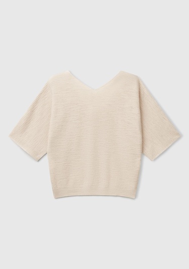  Kadın Taş Rengi Pamuk ve Keten Karışımlı Çizgili Dikişsiz V Yaka Kısa Kollu Üst