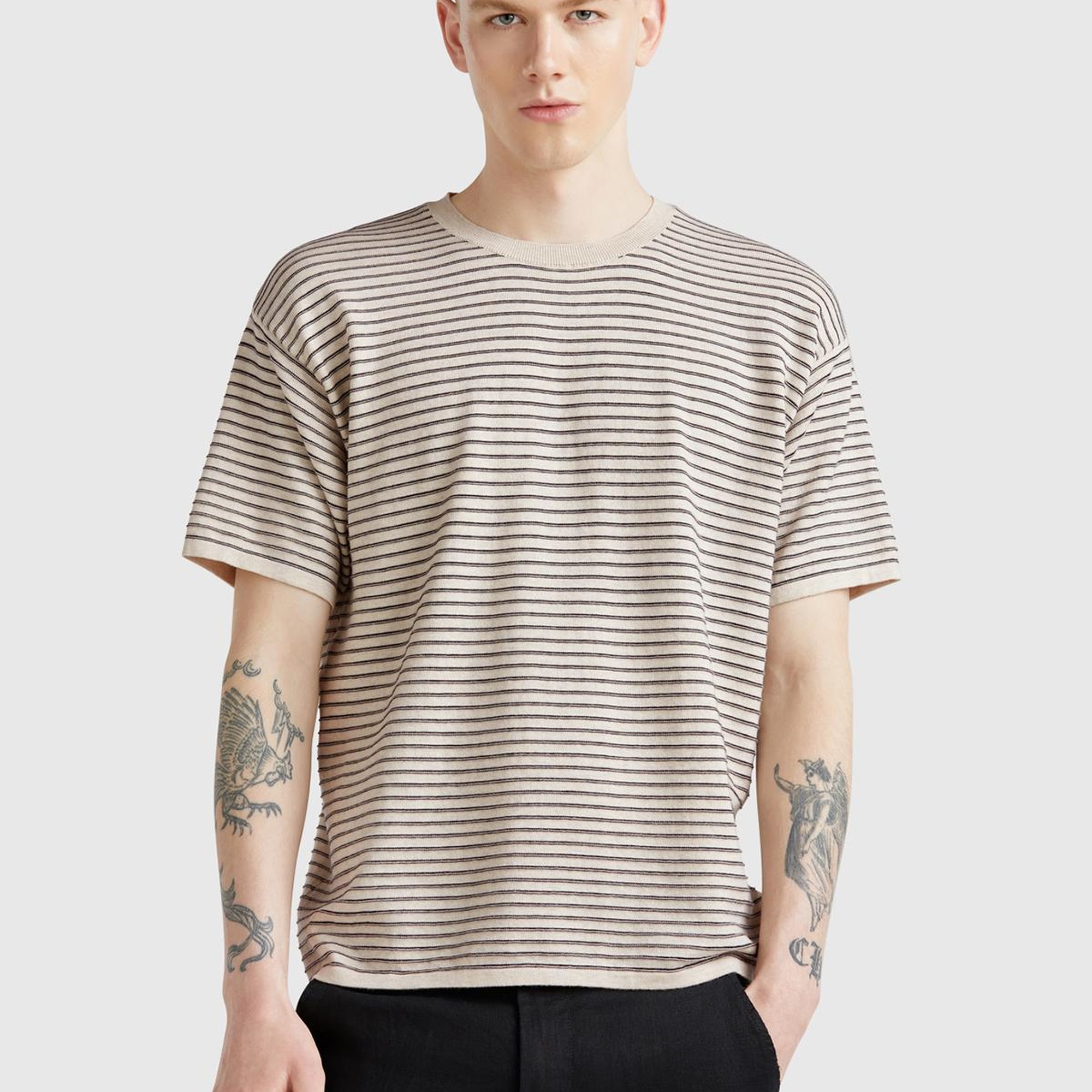 Erkek Bej %100 Koton Kısa Kollu Çizgili Rahat Kesim Kazak