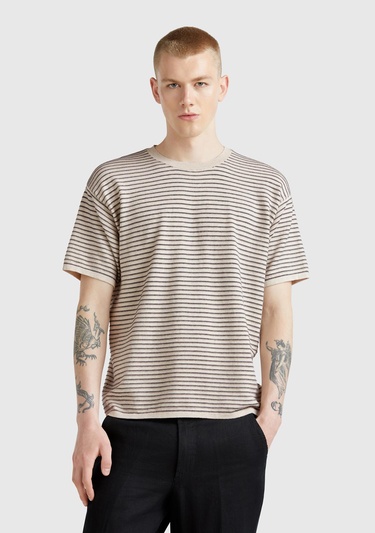  Erkek Bej %100 Koton Kısa Kollu Çizgili Rahat Kesim Kazak