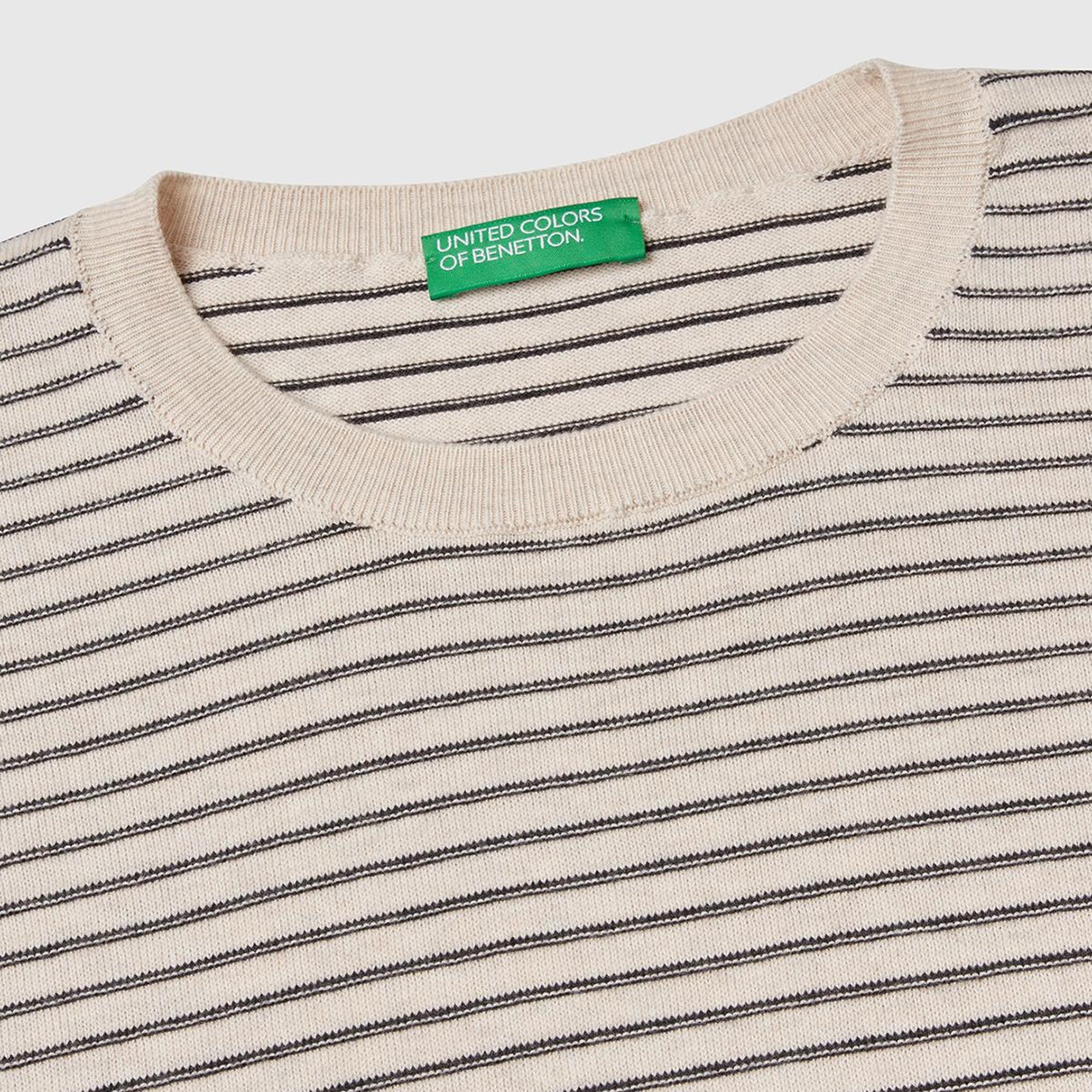 Erkek Bej %100 Koton Kısa Kollu Çizgili Rahat Kesim Kazak