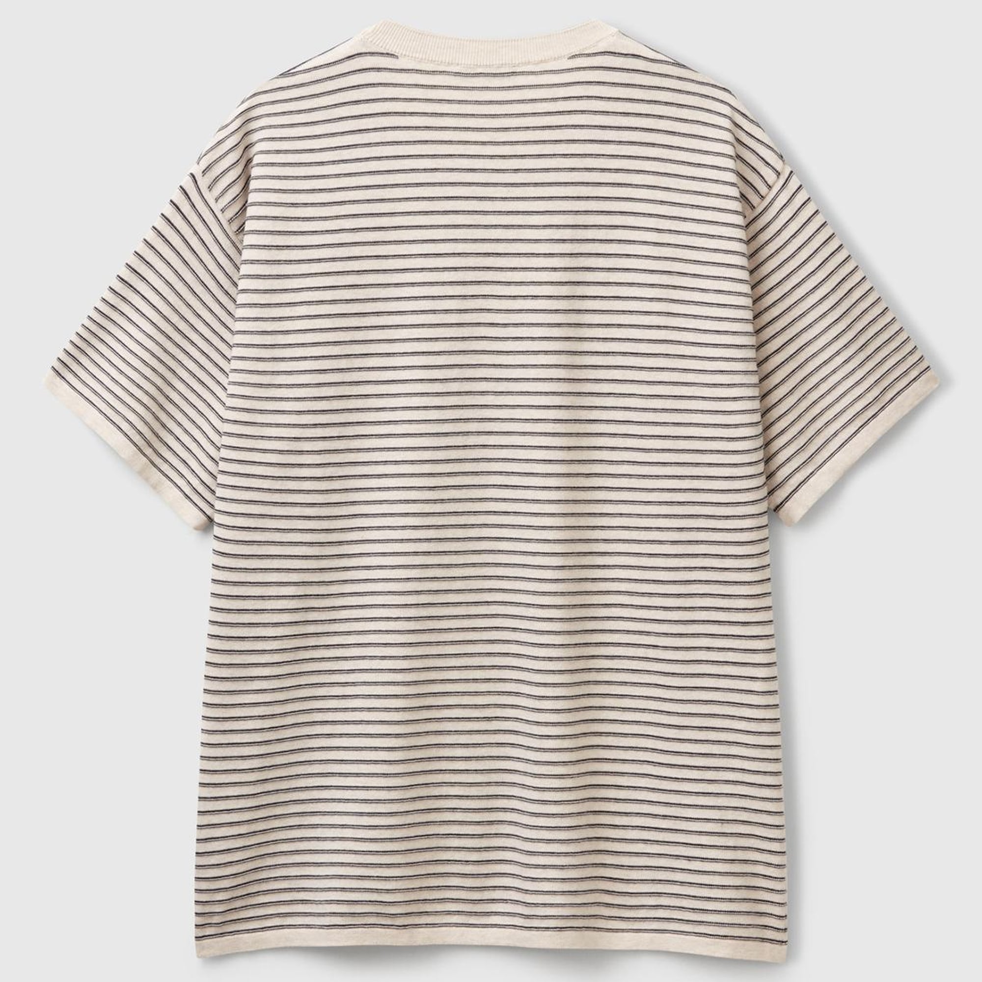 Erkek Bej %100 Koton Kısa Kollu Çizgili Rahat Kesim Kazak