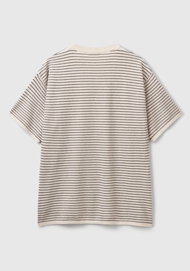  Erkek Bej %100 Koton Kısa Kollu Çizgili Rahat Kesim Kazak