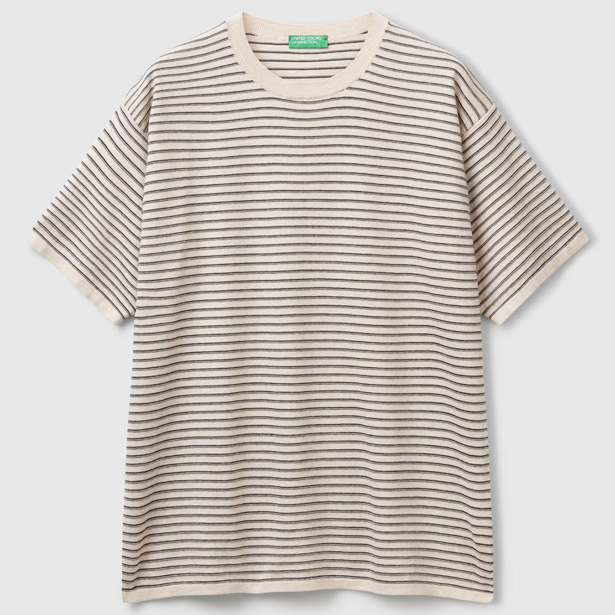 Erkek Bej %100 Koton Kısa Kollu Çizgili Rahat Kesim Kazak