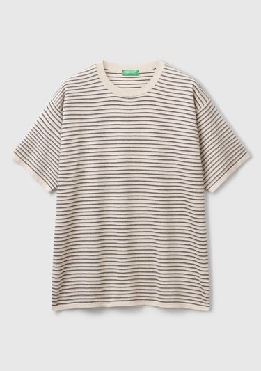  Erkek Bej %100 Koton Kısa Kollu Çizgili Rahat Kesim Kazak