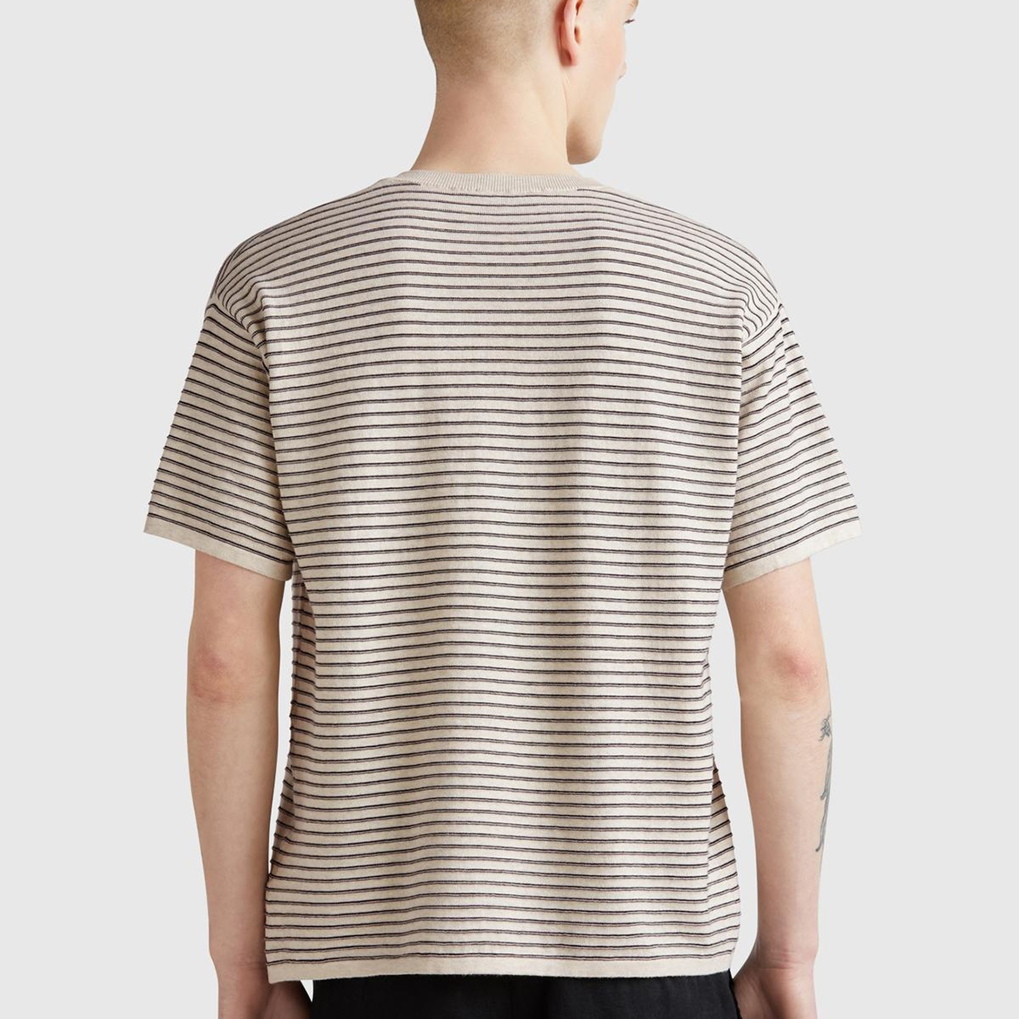 Erkek Bej %100 Koton Kısa Kollu Çizgili Rahat Kesim Kazak