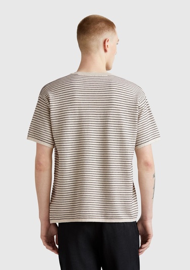  Erkek Bej %100 Koton Kısa Kollu Çizgili Rahat Kesim Kazak