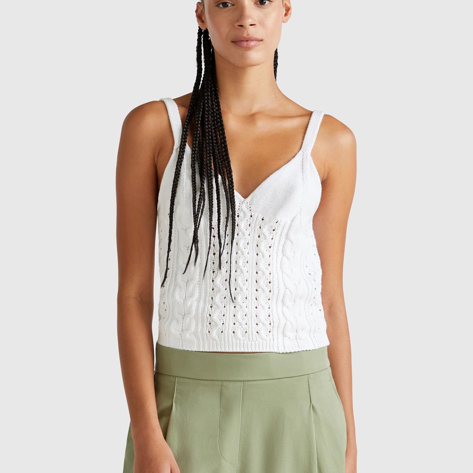 Kadın Beyaz %100 Koton Saç Örgülü Triko Atlet