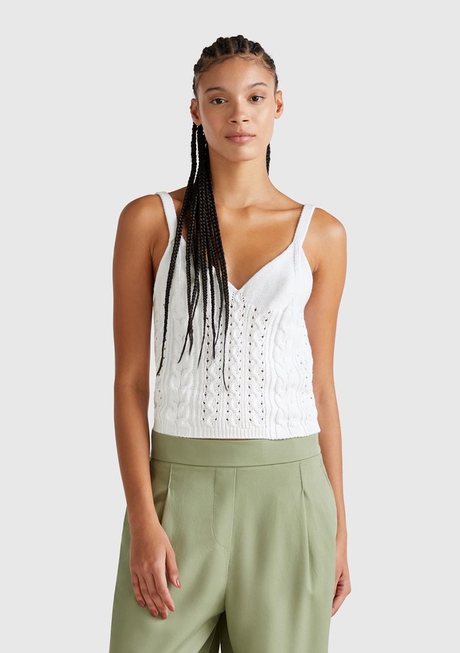  Kadın Beyaz %100 Koton Saç Örgülü Triko Atlet