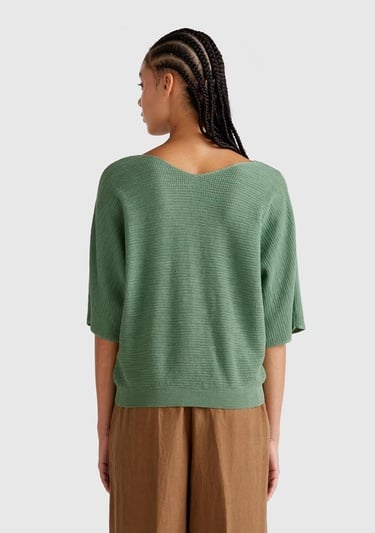  Kadın Açık Yeşil Pamuk ve Keten Karışımlı Çizgili Dikişsiz V Yaka Kısa Kollu Üst