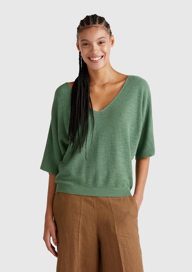  Kadın Açık Yeşil Pamuk ve Keten Karışımlı Çizgili Dikişsiz V Yaka Kısa Kollu Üst