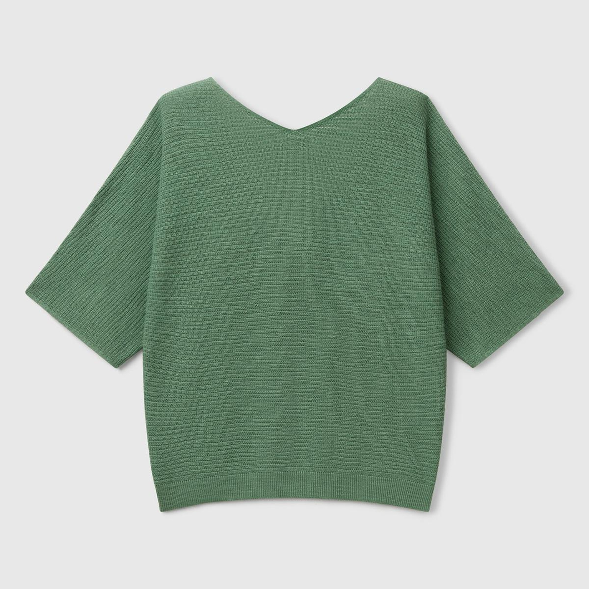 Kadın Açık Yeşil Pamuk ve Keten Karışımlı Çizgili Dikişsiz V Yaka Kısa Kollu Üst