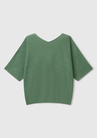  Kadın Açık Yeşil Pamuk ve Keten Karışımlı Çizgili Dikişsiz V Yaka Kısa Kollu Üst