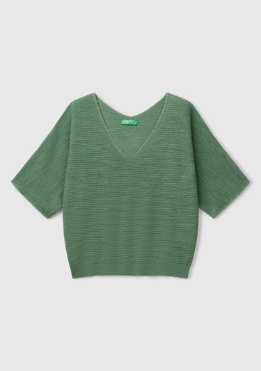  Kadın Açık Yeşil Pamuk ve Keten Karışımlı Çizgili Dikişsiz V Yaka Kısa Kollu Üst