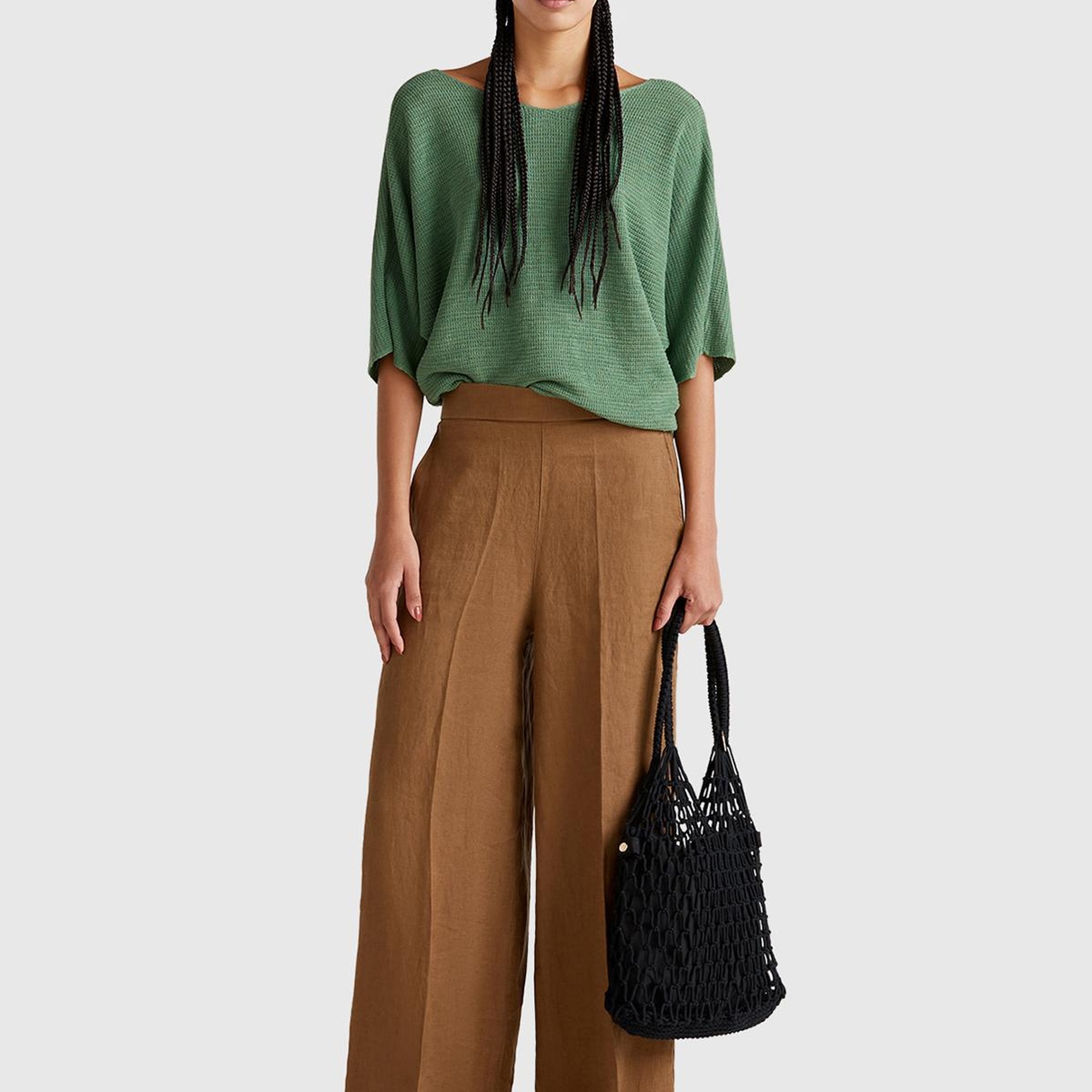 Kadın Açık Yeşil Pamuk ve Keten Karışımlı Çizgili Dikişsiz V Yaka Kısa Kollu Üst