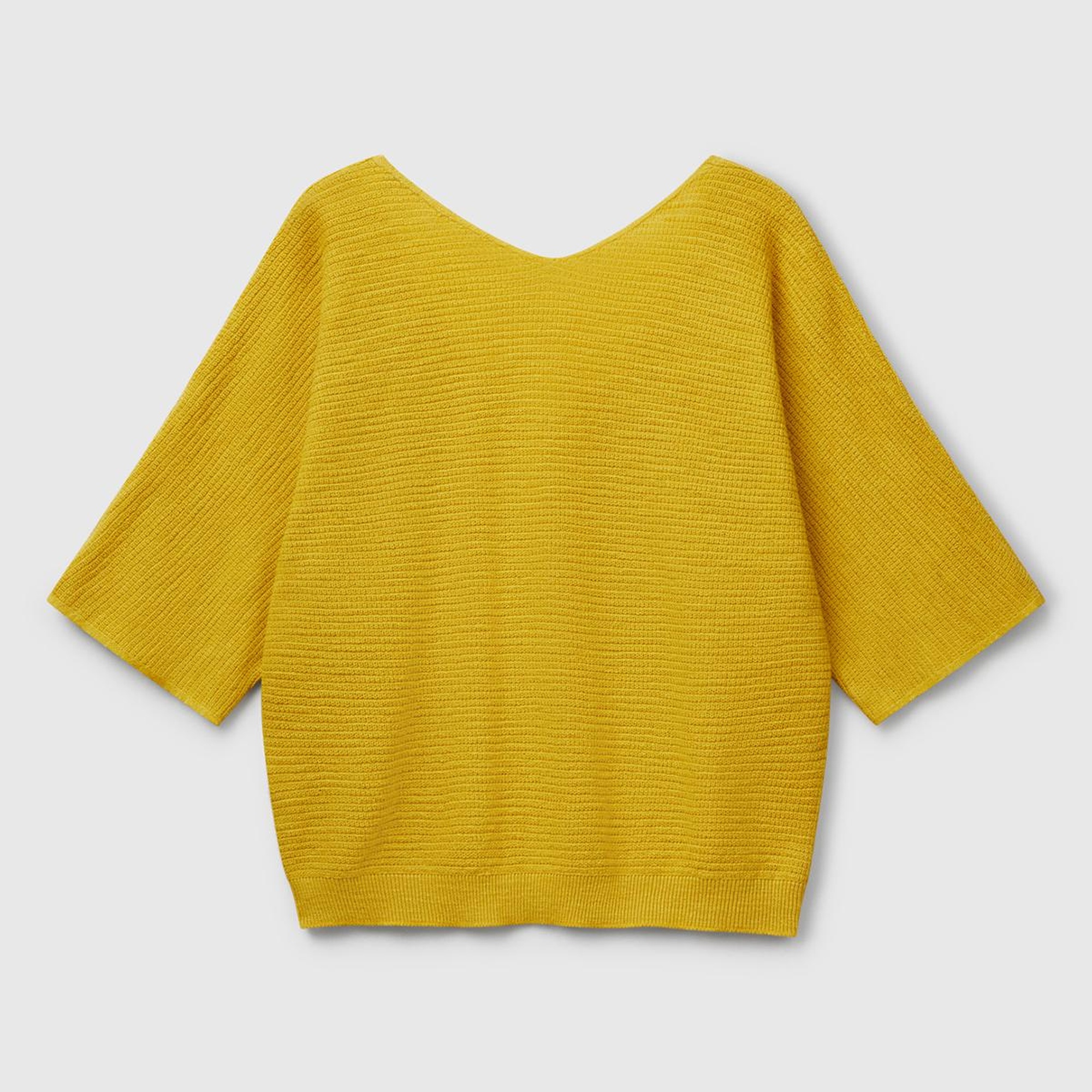 Kadın Sarı Pamuk ve Keten Karışımlı Çizgili Dikişsiz V Yaka Kısa Kollu Üst