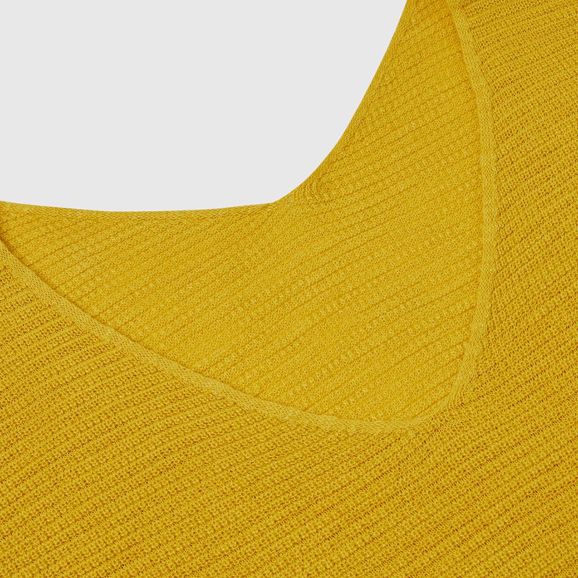 Kadın Sarı Pamuk ve Keten Karışımlı Çizgili Dikişsiz V Yaka Kısa Kollu Üst