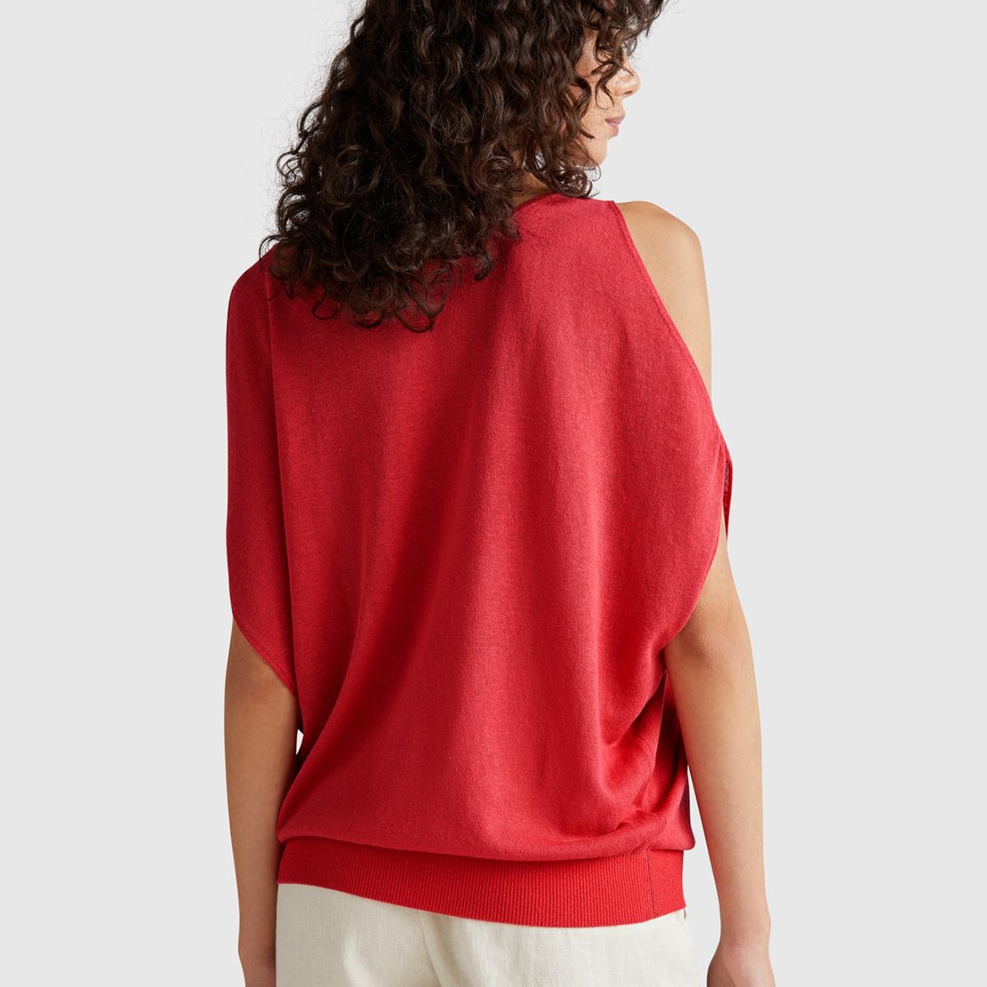 Kadın Mercan Keten Karışımlı Omzu Açık Triko Kazak