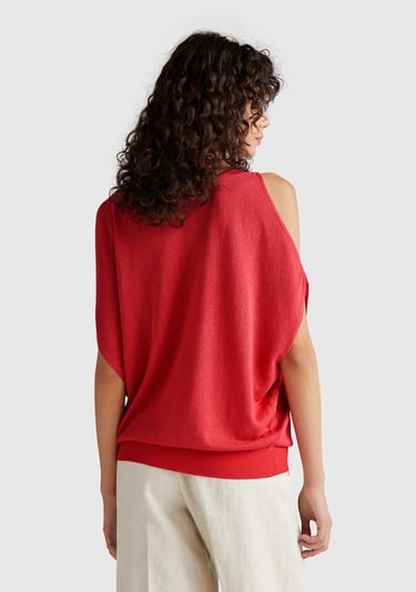  Kadın Mercan Keten Karışımlı Omzu Açık Triko Kazak