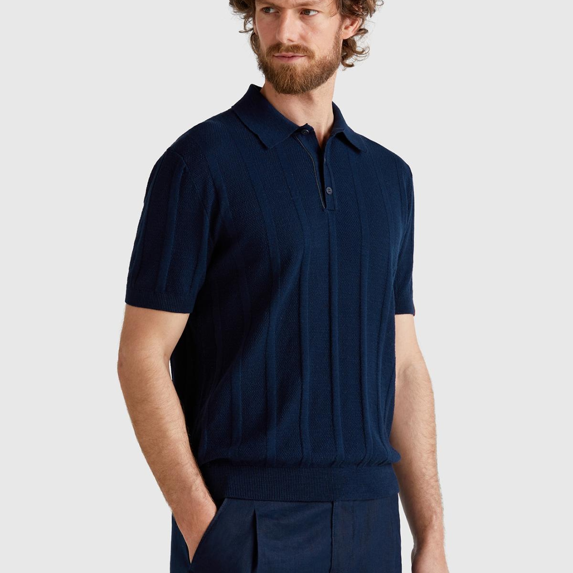 Erkek Lacivert Keten Karışımlı Kontrastlı Düğmeli Regular Fit Polo Yaka Kazak