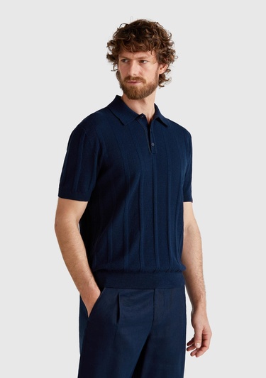  Erkek Lacivert Keten Karışımlı Kontrastlı Düğmeli Regular Fit Polo Yaka Kazak