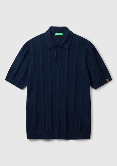  Erkek Lacivert Keten Karışımlı Kontrastlı Düğmeli Regular Fit Polo Yaka Kazak