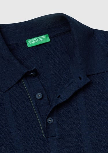  Erkek Lacivert Keten Karışımlı Kontrastlı Düğmeli Regular Fit Polo Yaka Kazak