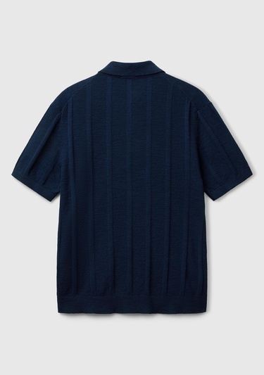  Erkek Lacivert Keten Karışımlı Kontrastlı Düğmeli Regular Fit Polo Yaka Kazak