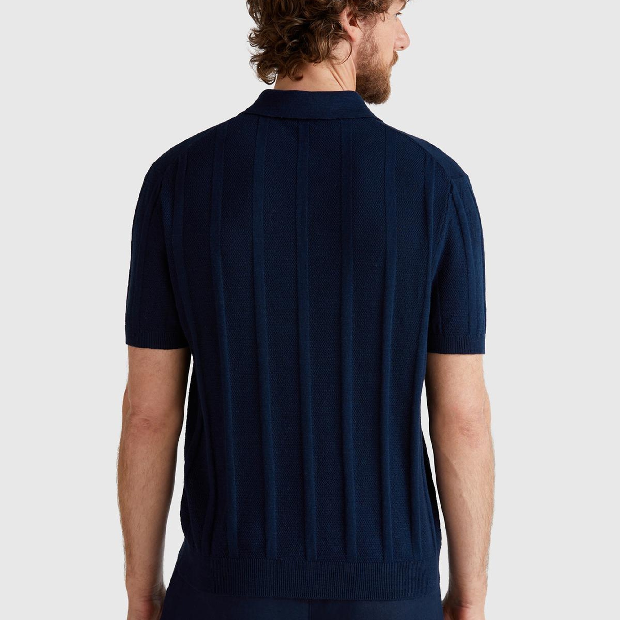 Erkek Lacivert Keten Karışımlı Kontrastlı Düğmeli Regular Fit Polo Yaka Kazak