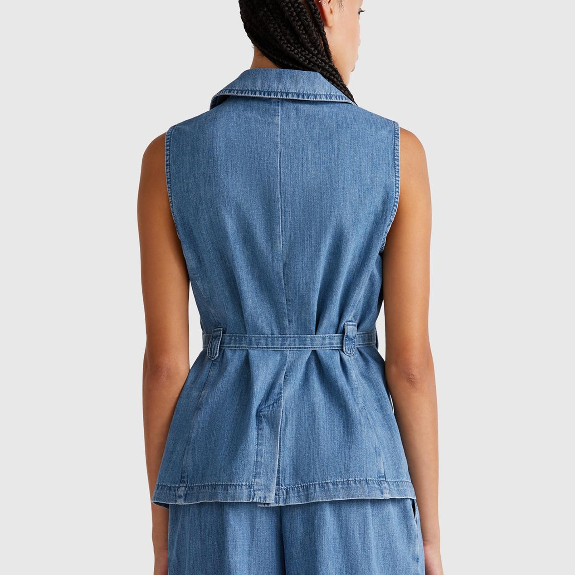 Kadın Açık Mavi Kenevir Karışımlı Belden Bağlamalı Yelek