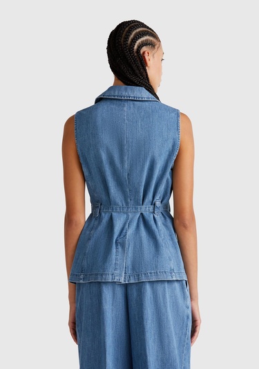  Kadın Açık Mavi Kenevir Karışımlı Belden Bağlamalı Yelek