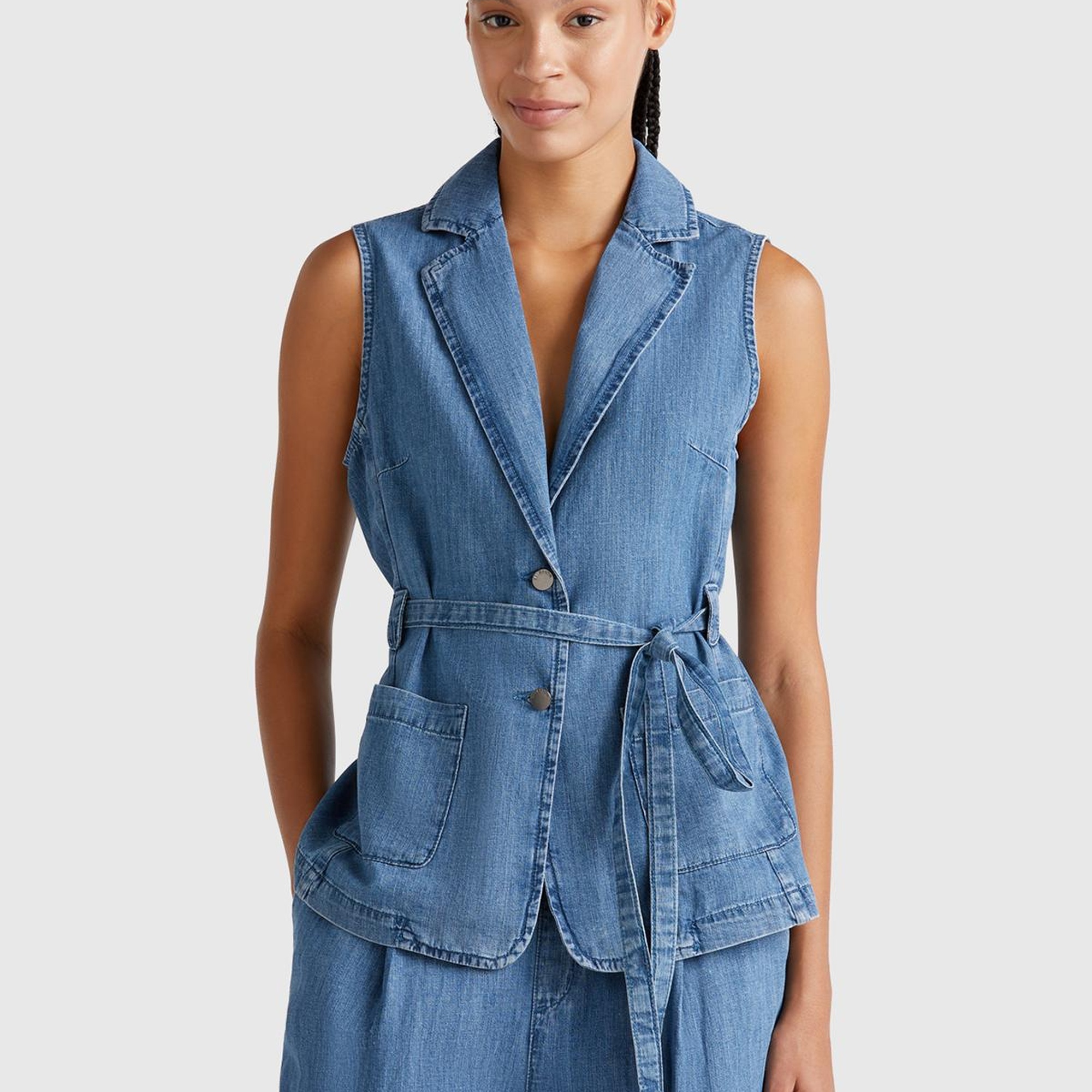 Kadın Açık Mavi Kenevir Karışımlı Belden Bağlamalı Yelek