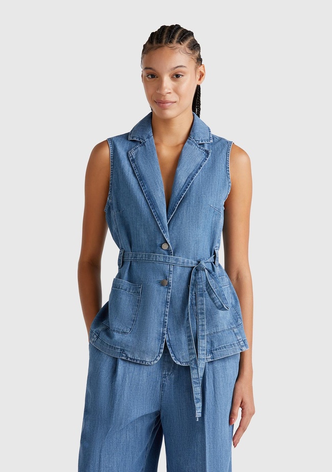  Kadın Açık Mavi Kenevir Karışımlı Belden Bağlamalı Yelek