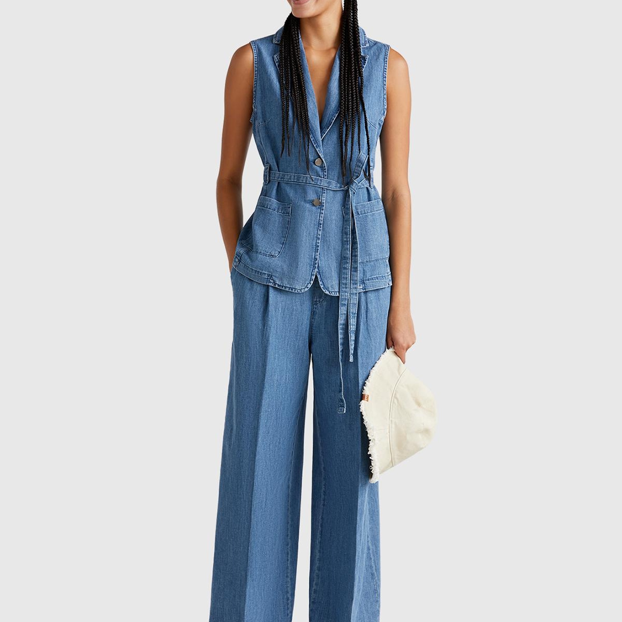 Kadın Açık Mavi Kenevir Karışımlı Belden Bağlamalı Yelek