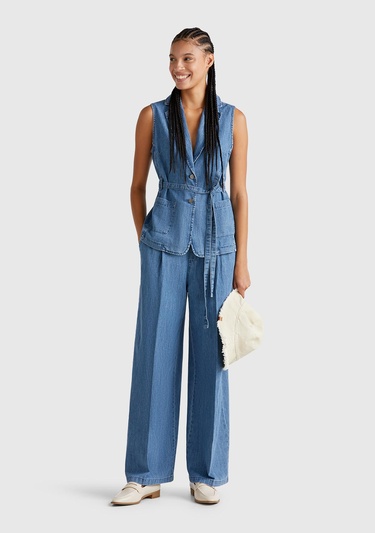  Kadın Açık Mavi Kenevir Karışımlı Belden Bağlamalı Yelek