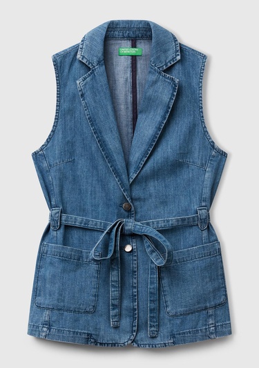  Kadın Açık Mavi Kenevir Karışımlı Belden Bağlamalı Yelek