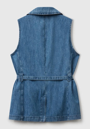  Kadın Açık Mavi Kenevir Karışımlı Belden Bağlamalı Yelek